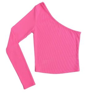 Bershka One Shoulder Crop Top Neon Pink XS | Ribbed Long Sleeve Y2K Top